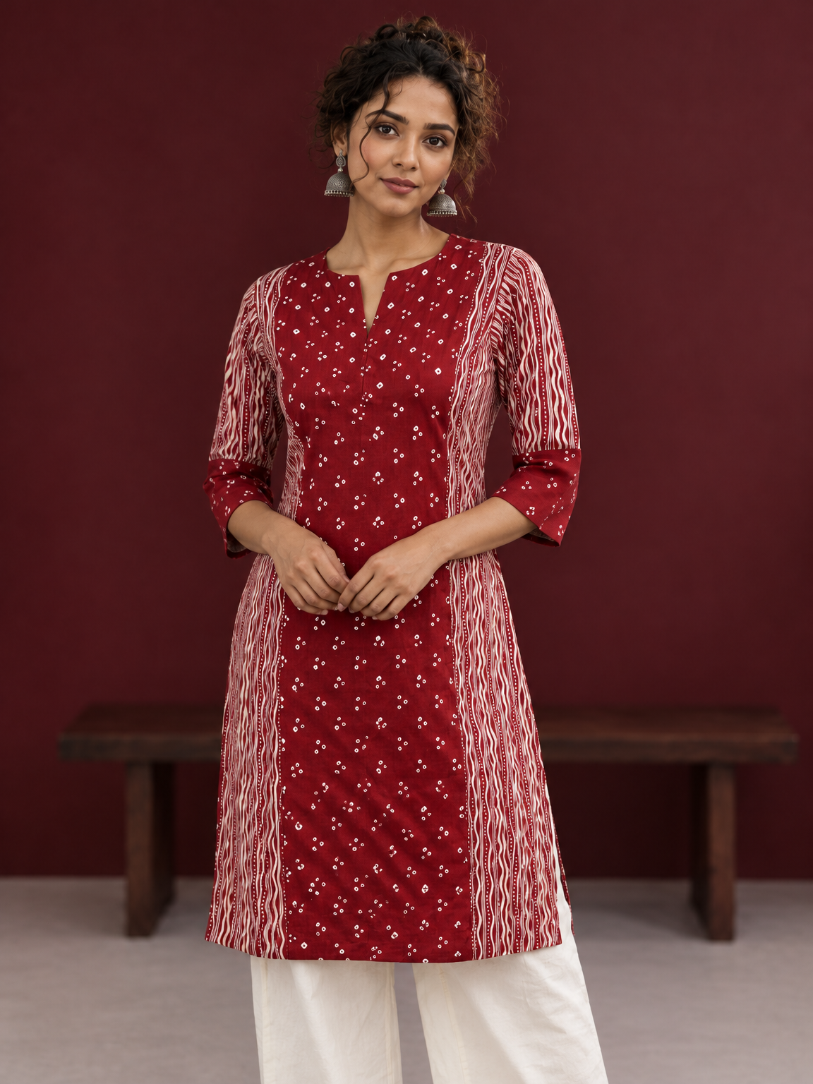 Maroon Rayon Tunic with Bandhani Dot Print Front Panel and Contrast Wavy Striped Sleeves & Side Panels — fabric detail — view 3