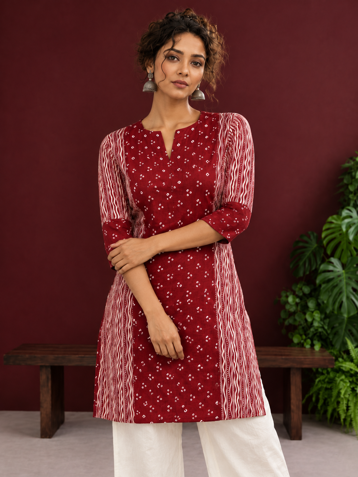 Maroon Rayon Tunic with Bandhani Dot Print Front Panel and Contrast Wavy Striped Sleeves & Side Panels — styled view — view 4