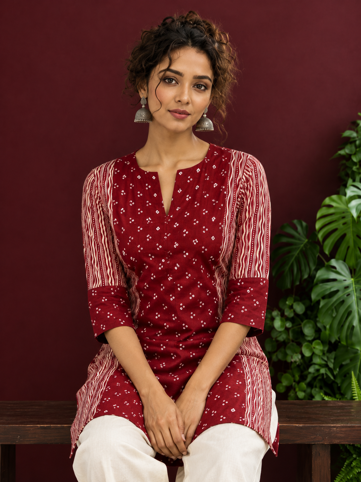 Maroon Rayon Tunic with Bandhani Dot Print Front Panel and Contrast Wavy Striped Sleeves & Side Panels — seated detail — view 5