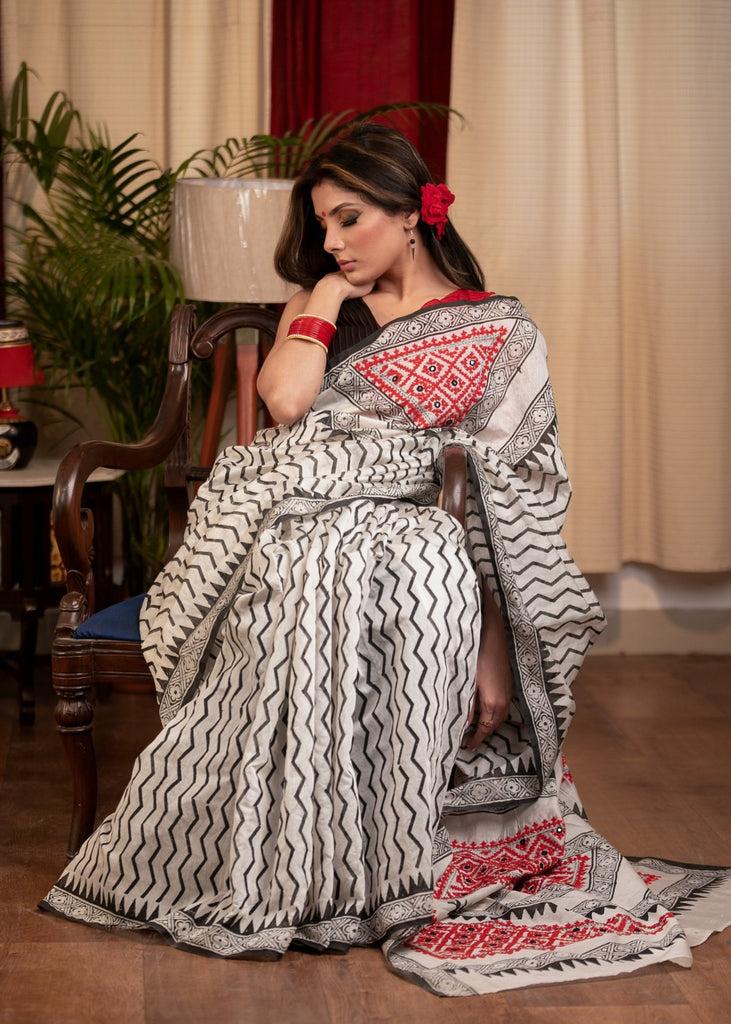 Exclusive block printed chanderi saree with hand embroidered Gujarati stitch pallu