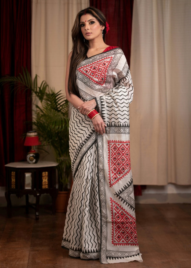Exclusive block printed chanderi saree with hand embroidered Gujarati stitch pallu