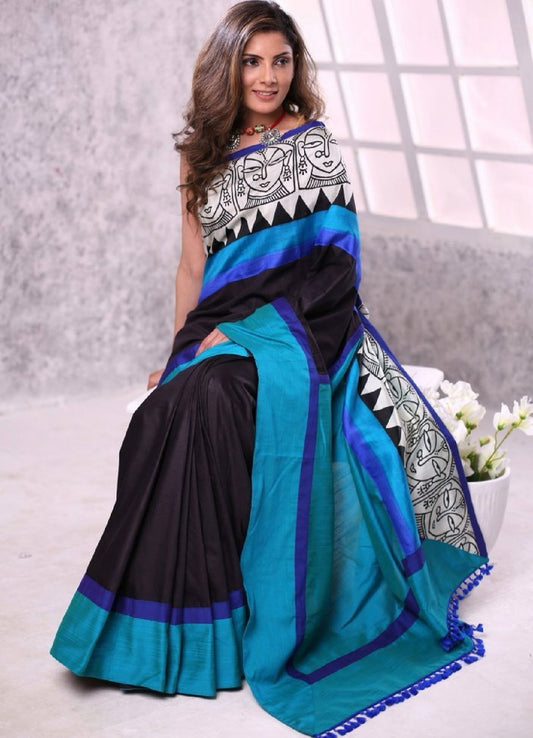Black pure silk saree with abstract block printed motifs