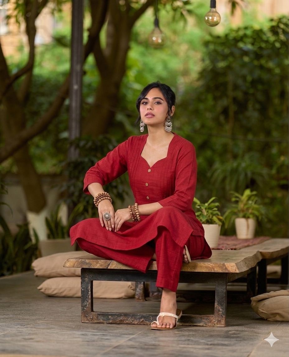 Radiant Red Cotton Kurta with Sweetheart Neckline & Pintucks Detailing