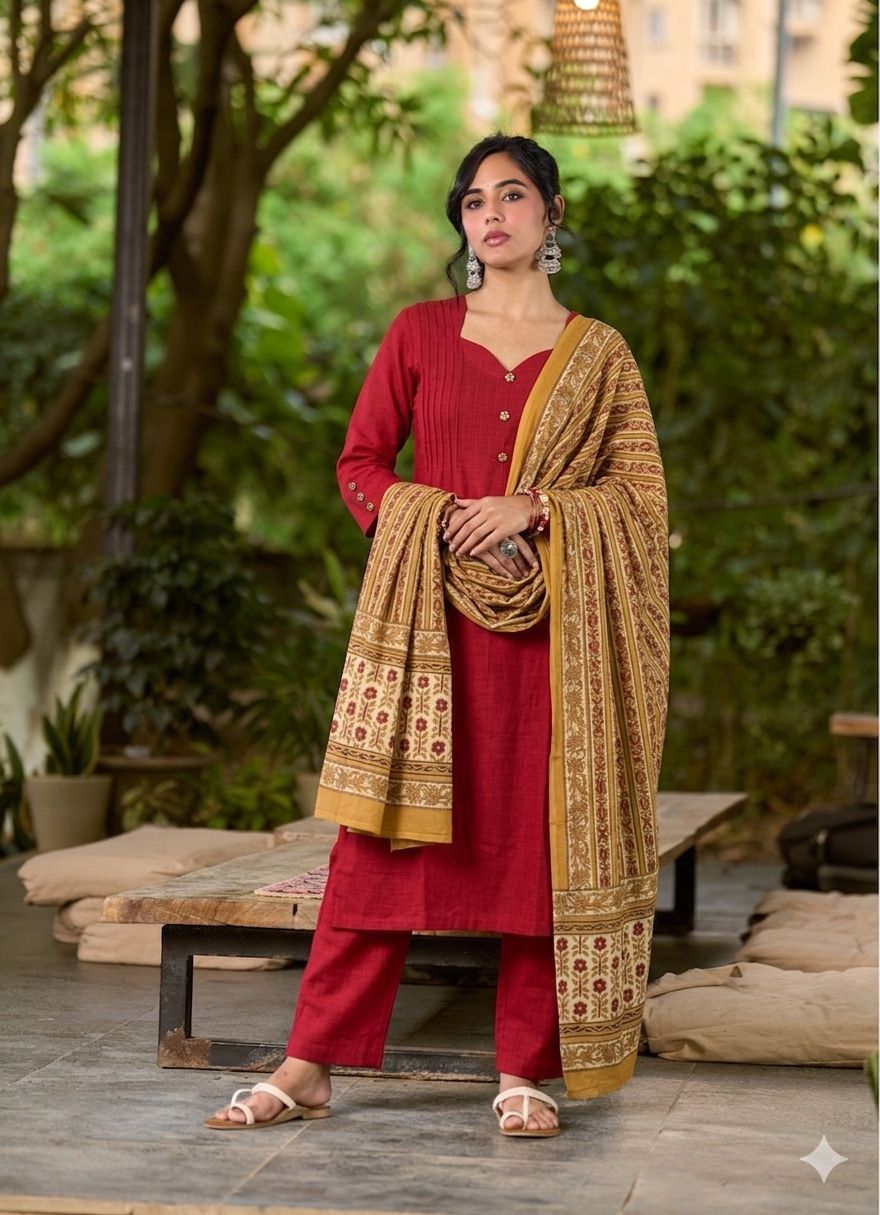 Radiant Red & Mustard Mul Cotton Dupatta with Traditional Print