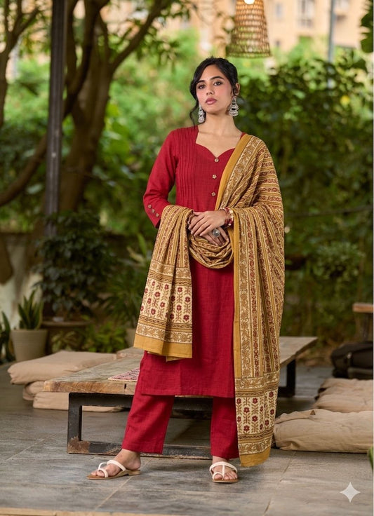 Radiant Red Cotton Kurta featuring Sweetheart Neckline & Pintucks Detailing