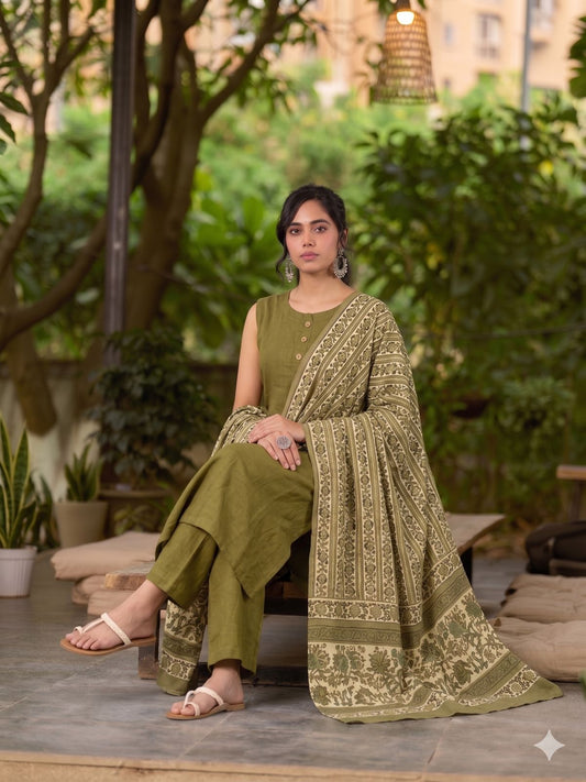 Classic Olive Green Mul Cotton Dupatta with Traditional Prints