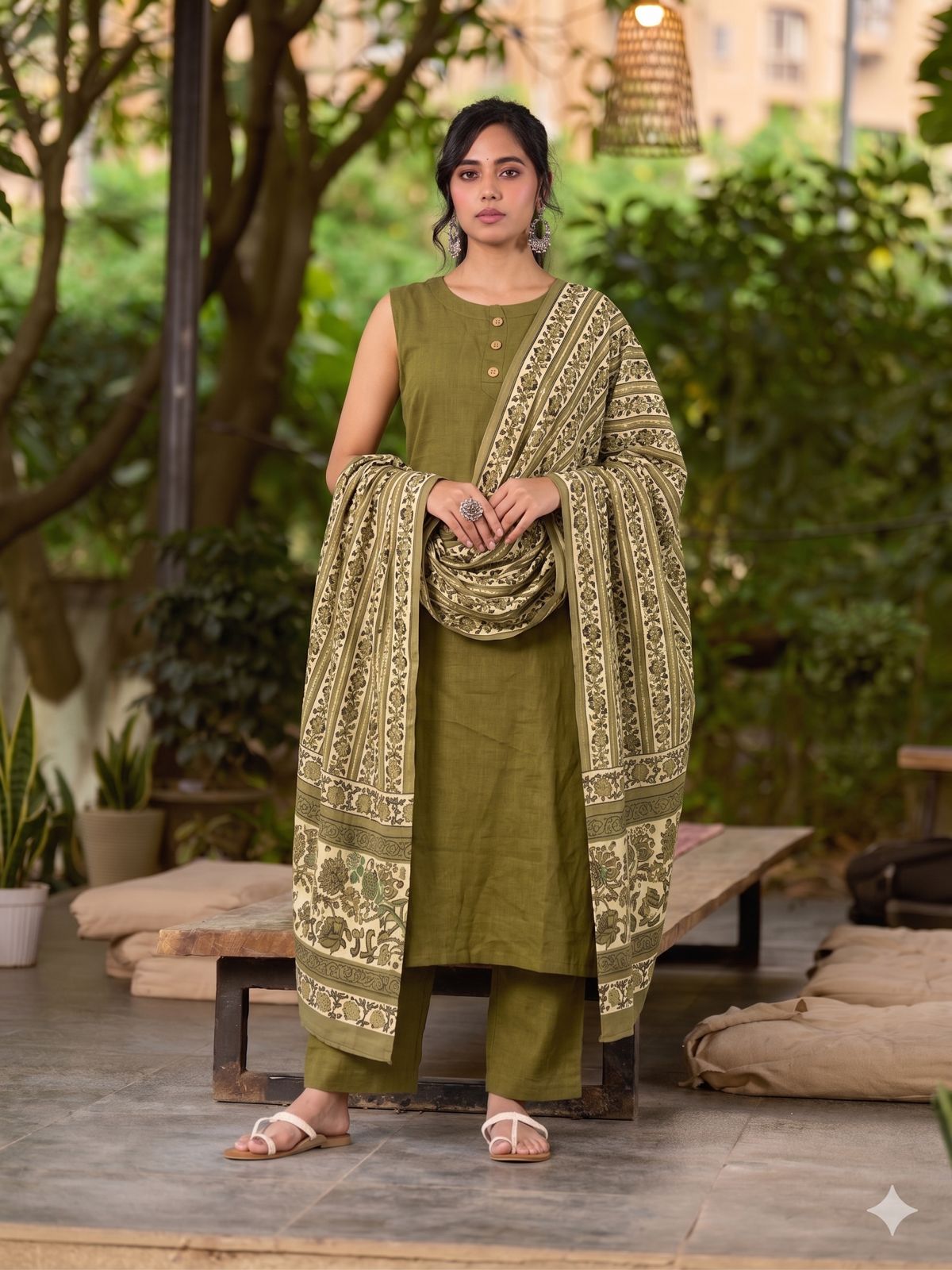 Classic Olive Green Sleeveless Cotton Kurta