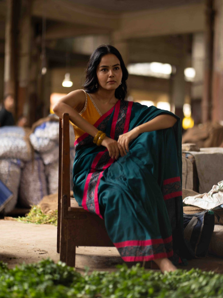 Ocean Turquoise Cotton Saree with Subtle Printed Border and Silk Pink Highlights