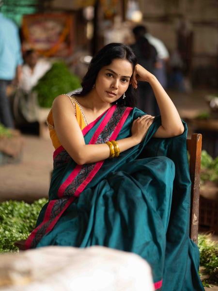 Ocean Turquoise Cotton Saree with Subtle Printed Border and Silk Pink Highlights