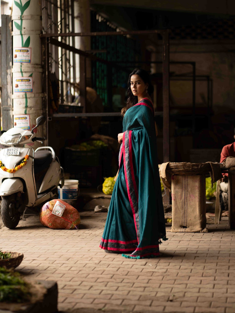 Ocean Turquoise Cotton Saree with Subtle Printed Border and Silk Pink Highlights