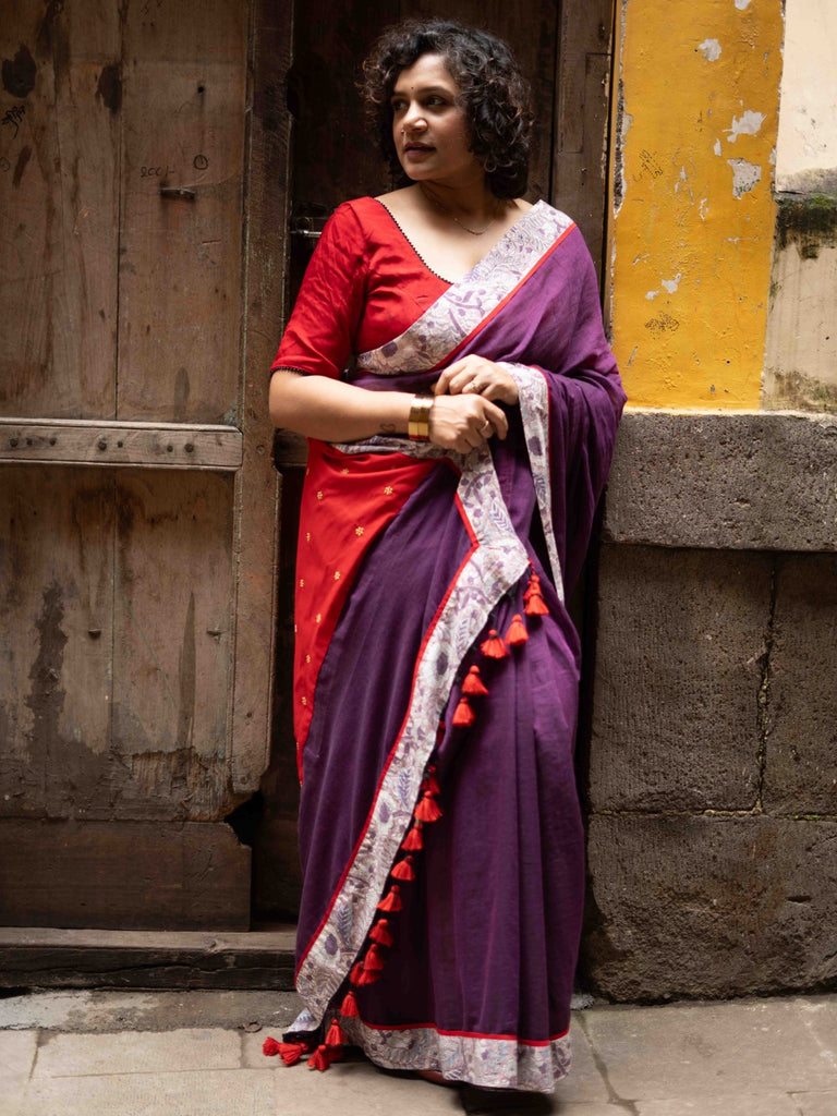 Ethereal Dual-Tone Purple Mul Cotton Saree with Floral Border, Red Tassel Highlights & Intricate Embroidered Pallu