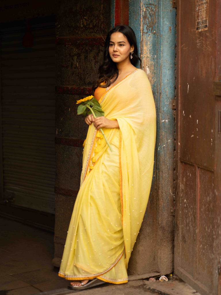 Light Yellow Mul Cotton Saree with Contrasting Mustard Border & Pearl Embroidered Pallu