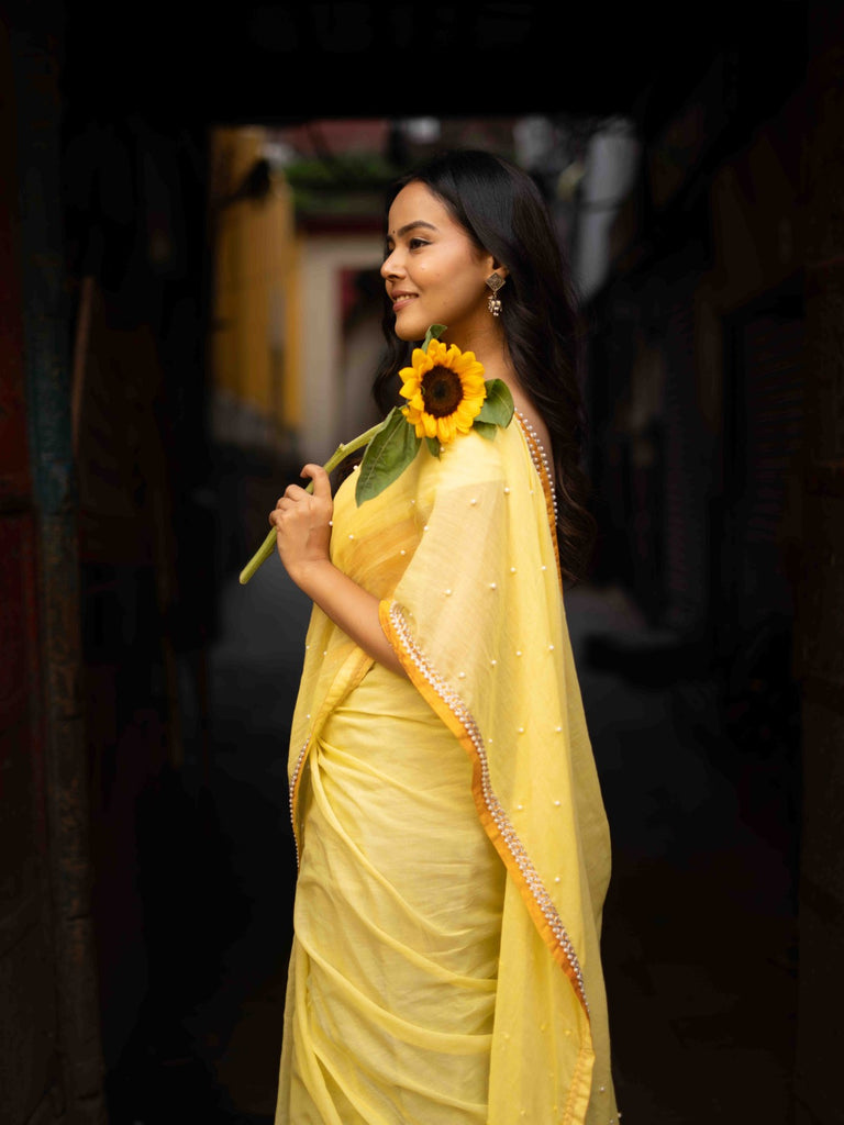 Light Yellow Mul Cotton Saree with Contrasting Mustard Border & Pearl Embroidered Pallu