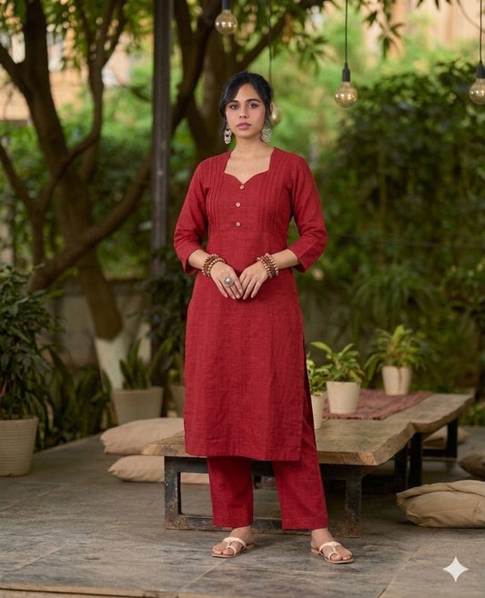 Radiant Red Cotton Kurta with Sweetheart Neckline & Pintucks Detailing