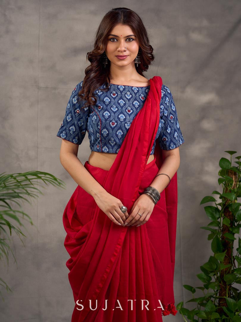 Navy Blue Indigo Floral Print Cotton Blouse with Mirror Embroidery