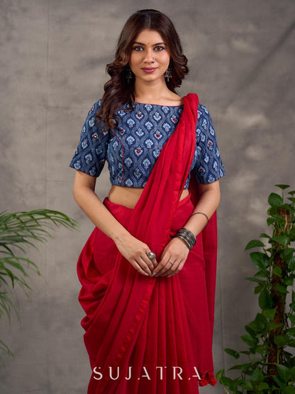 Navy Blue Indigo Floral Print Cotton Blouse with Mirror Embroidery