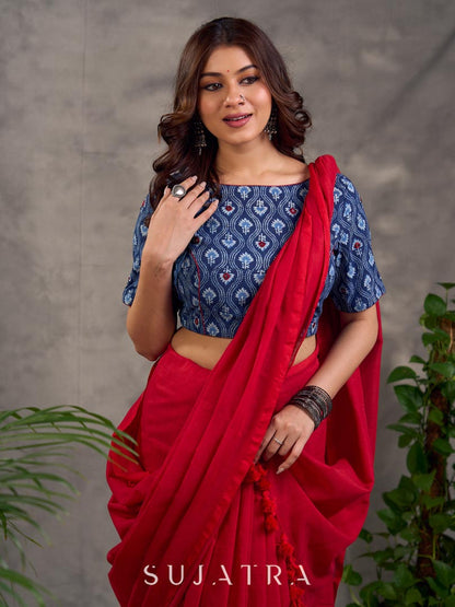 Navy Blue Indigo Floral Print Cotton Blouse with Mirror Embroidery