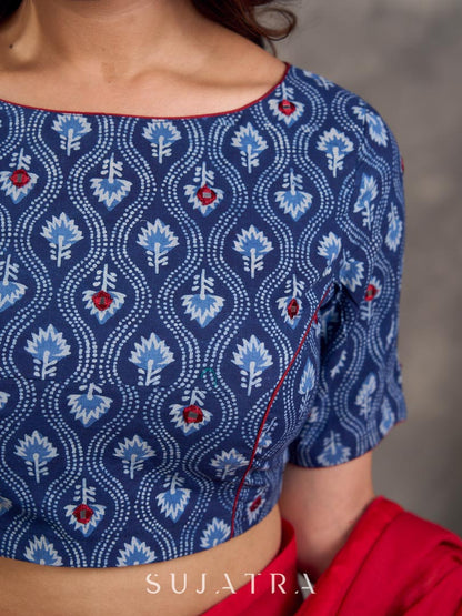 Navy Blue Indigo Floral Print Cotton Blouse with Mirror Embroidery