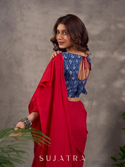 Navy Blue Indigo Floral Print Cotton Blouse with Mirror Embroidery