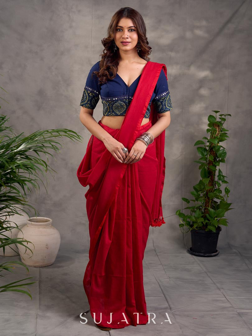 Navy Blue Cotton Blouse with Ajrakh Print Border & Mirror Embellishment