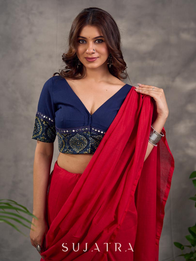 Navy Blue Cotton Blouse with Ajrakh Print Border & Mirror Embellishment