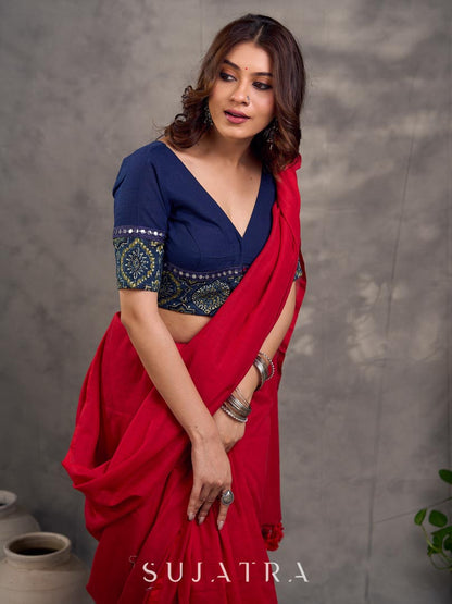 Navy Blue Cotton Blouse with Ajrakh Print Border & Mirror Embellishment