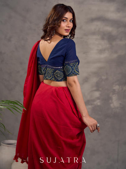 Navy Blue Cotton Blouse with Ajrakh Print Border & Mirror Embellishment
