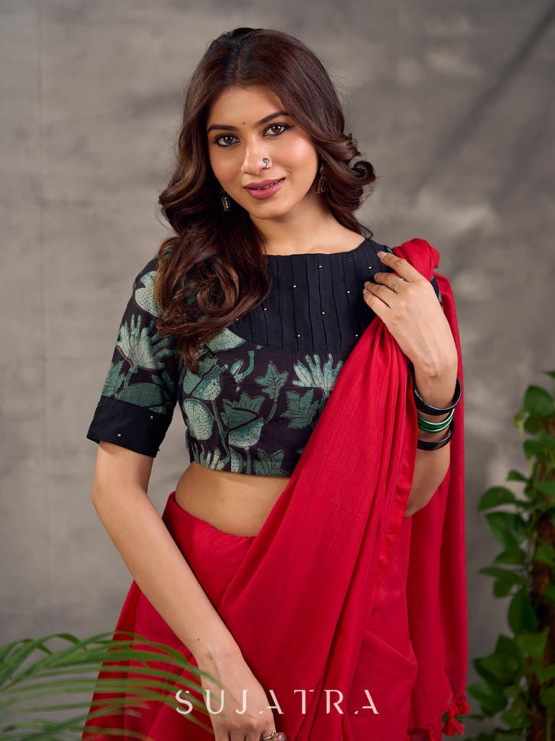 Stylish Dark Red Plain Cotton Saree