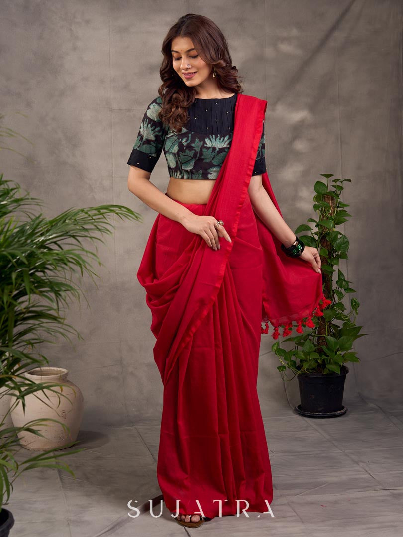 Stylish Dark Red Plain Cotton Saree