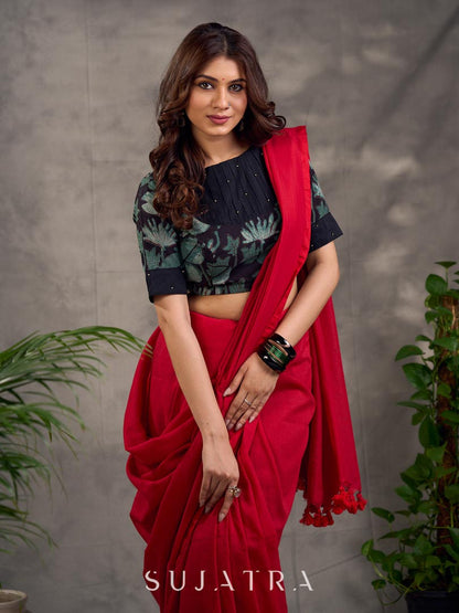 Stylish Dark Red Plain Cotton Saree