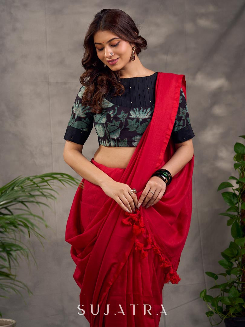 Stylish Dark Red Plain Cotton Saree