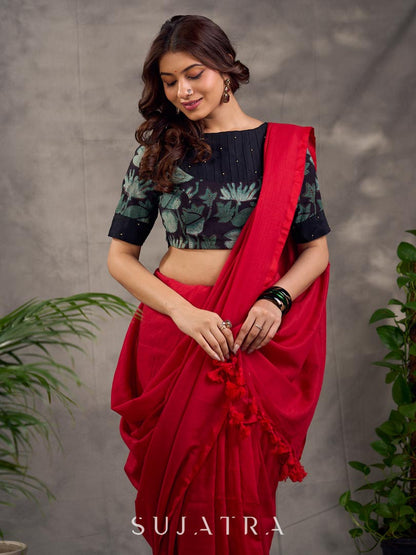 Stylish Dark Red Plain Cotton Saree
