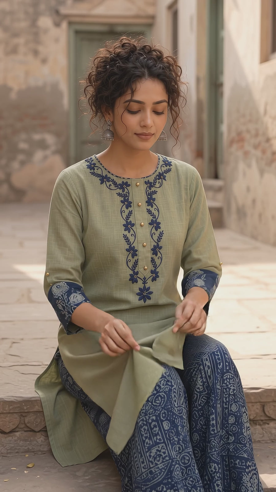 DRAUG26CO0001 — Vivid Sage Green Straight Kurta Featuring Navy Embroidery & Ajrakh Printed Cuff Band