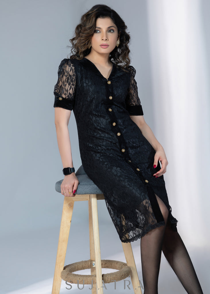 Black lace dress with velvet collar & handmade buttons
