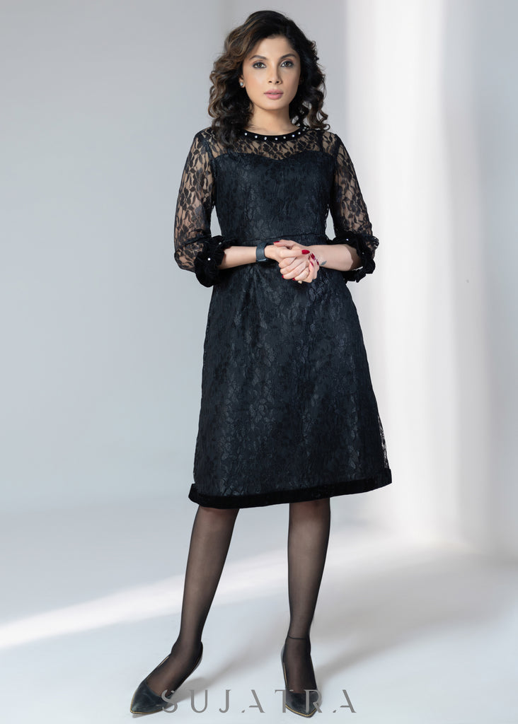 Elegant Black lace dress with velvet cuffs & stone detailing