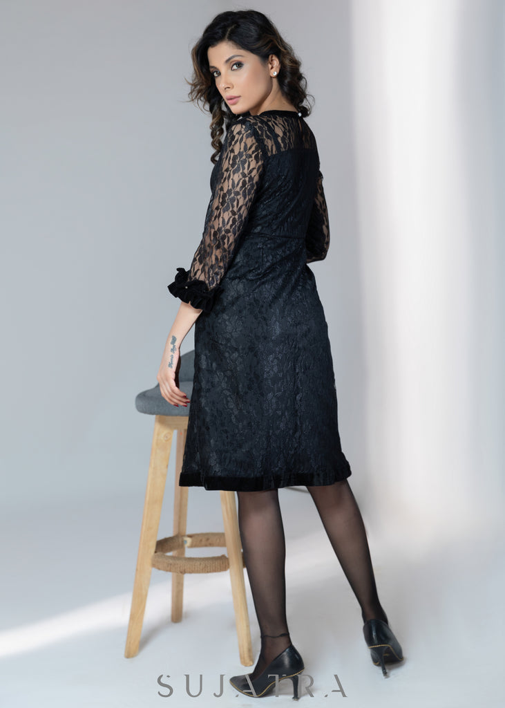 Elegant Black lace dress with velvet cuffs & stone detailing