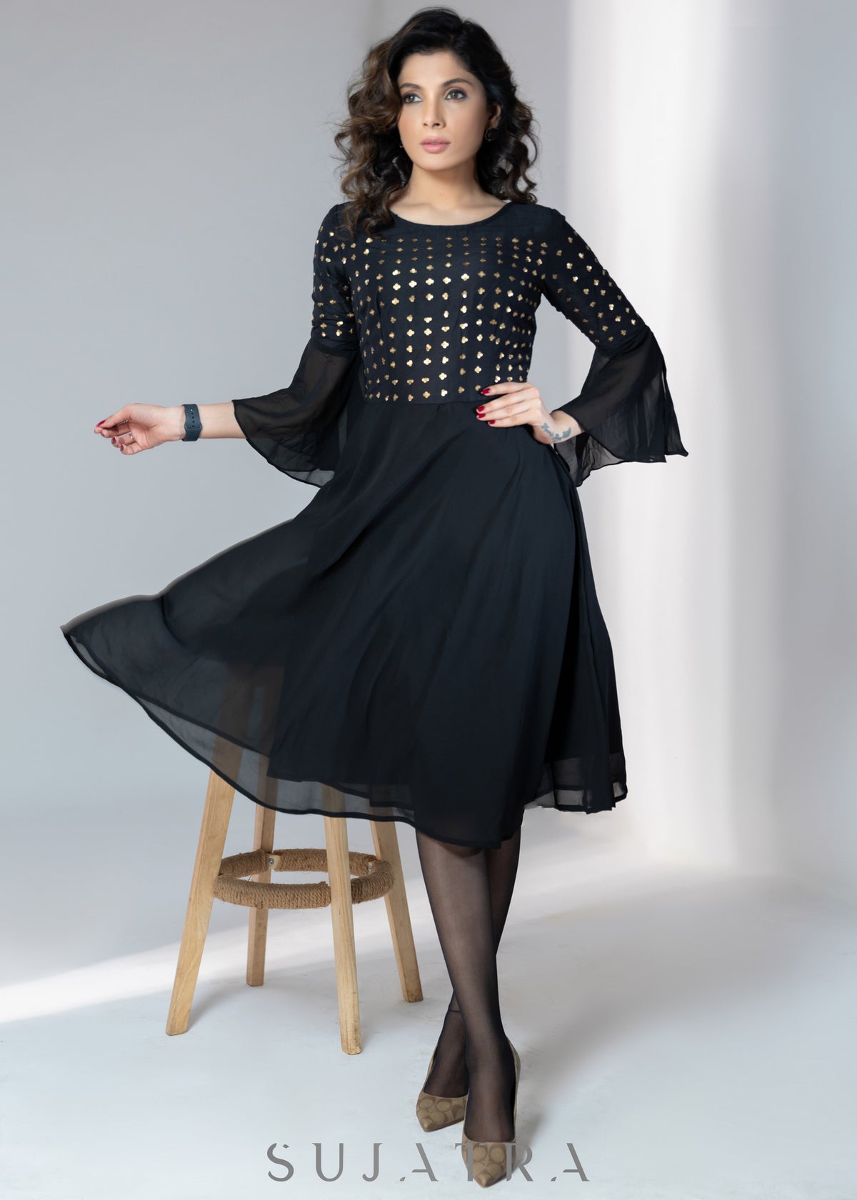 Dussehra Sale — Evening wear Black georgette dress with gold sequence work
