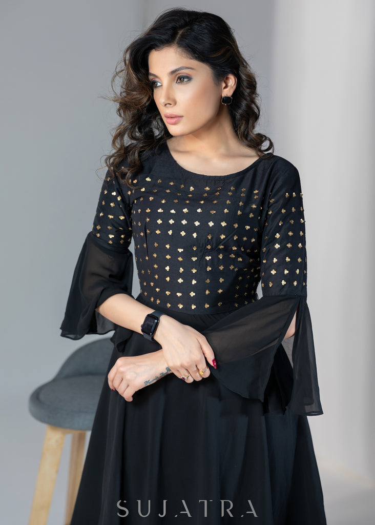 Evening wear Black georgette dress with gold sequence work