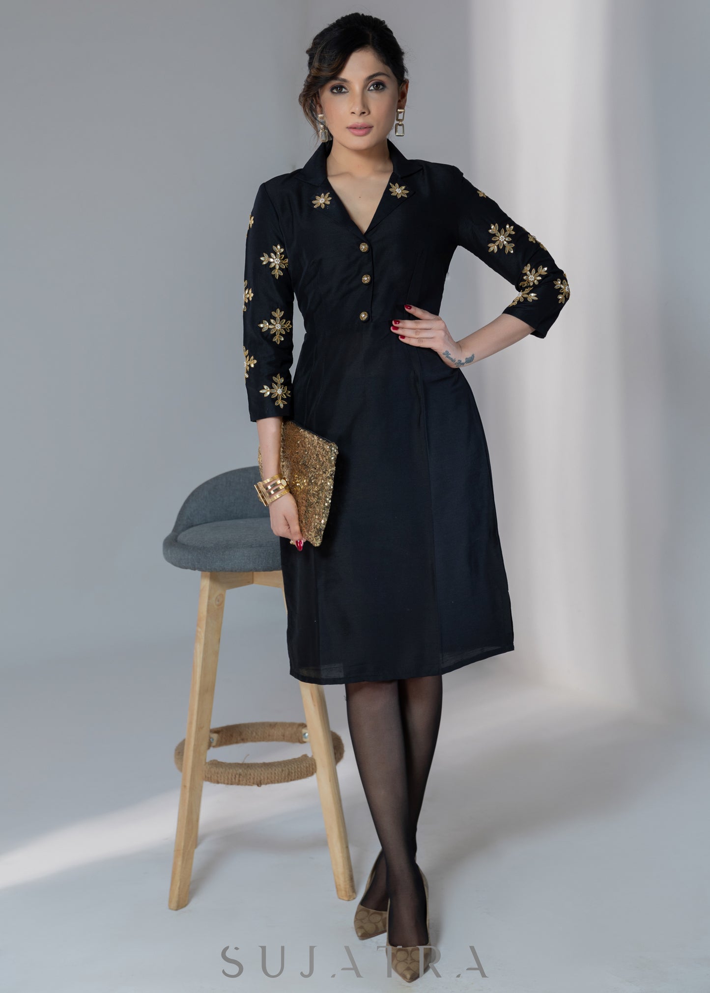 Elegant black silk dress with gota work on collar & sleeves