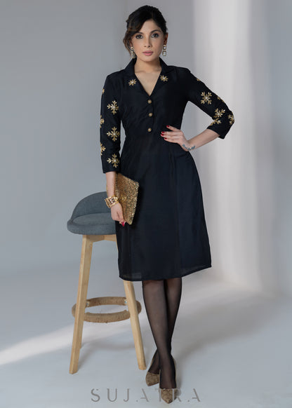 Elegant black silk dress with gota work on collar & sleeves
