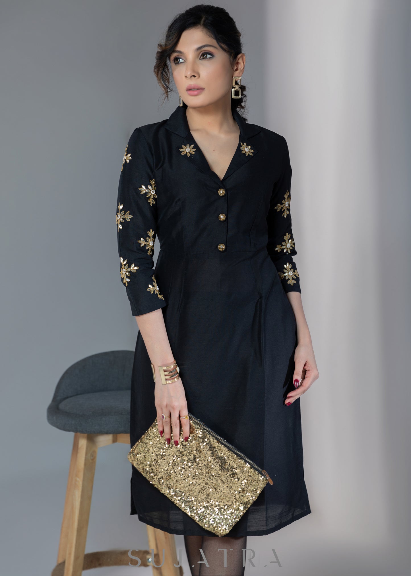 Elegant black silk dress with gota work on collar & sleeves