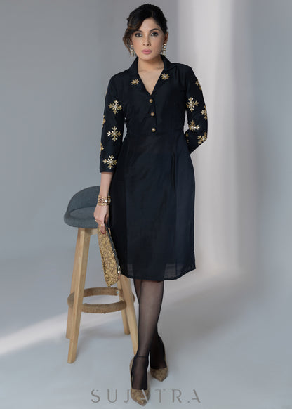 Elegant black silk dress with gota work on collar & sleeves