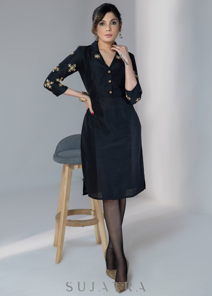 Elegant black silk dress with gota work on collar & sleeves