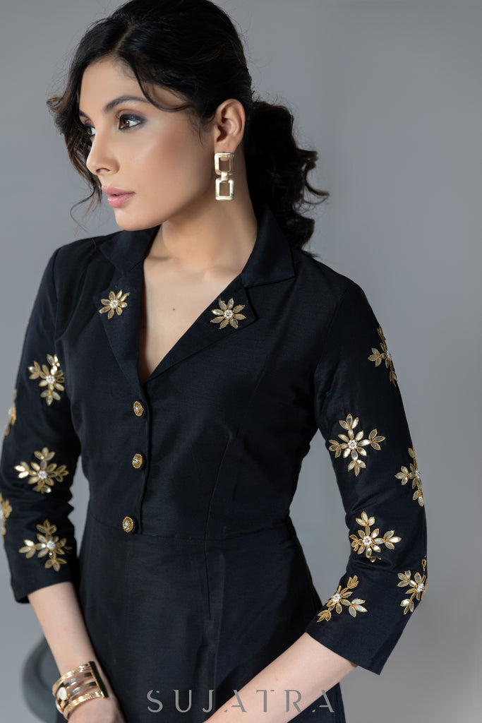 Elegant black silk dress with gota work on collar & sleeves