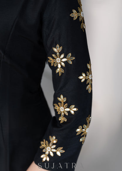 Elegant black silk dress with gota work on collar & sleeves