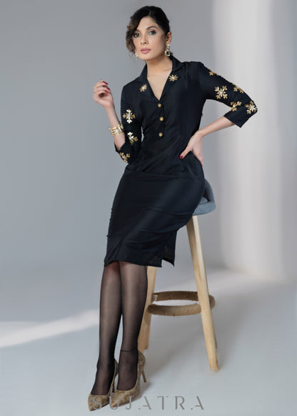 Elegant black silk dress with gota work on collar & sleeves