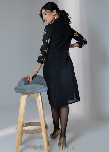 Elegant black silk dress with gota work on collar & sleeves