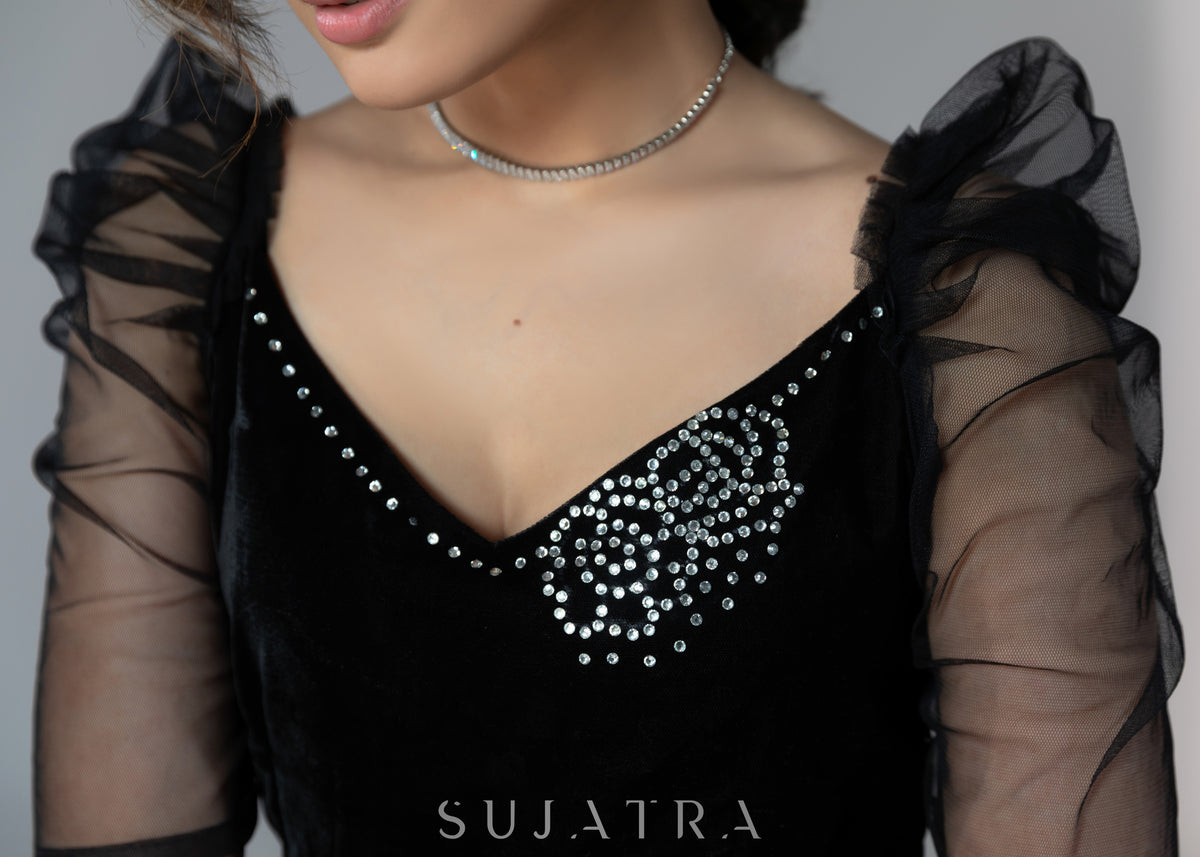 Dussehra Sale — Exclusive black velvet dress with net sleeves & stone work on neckline