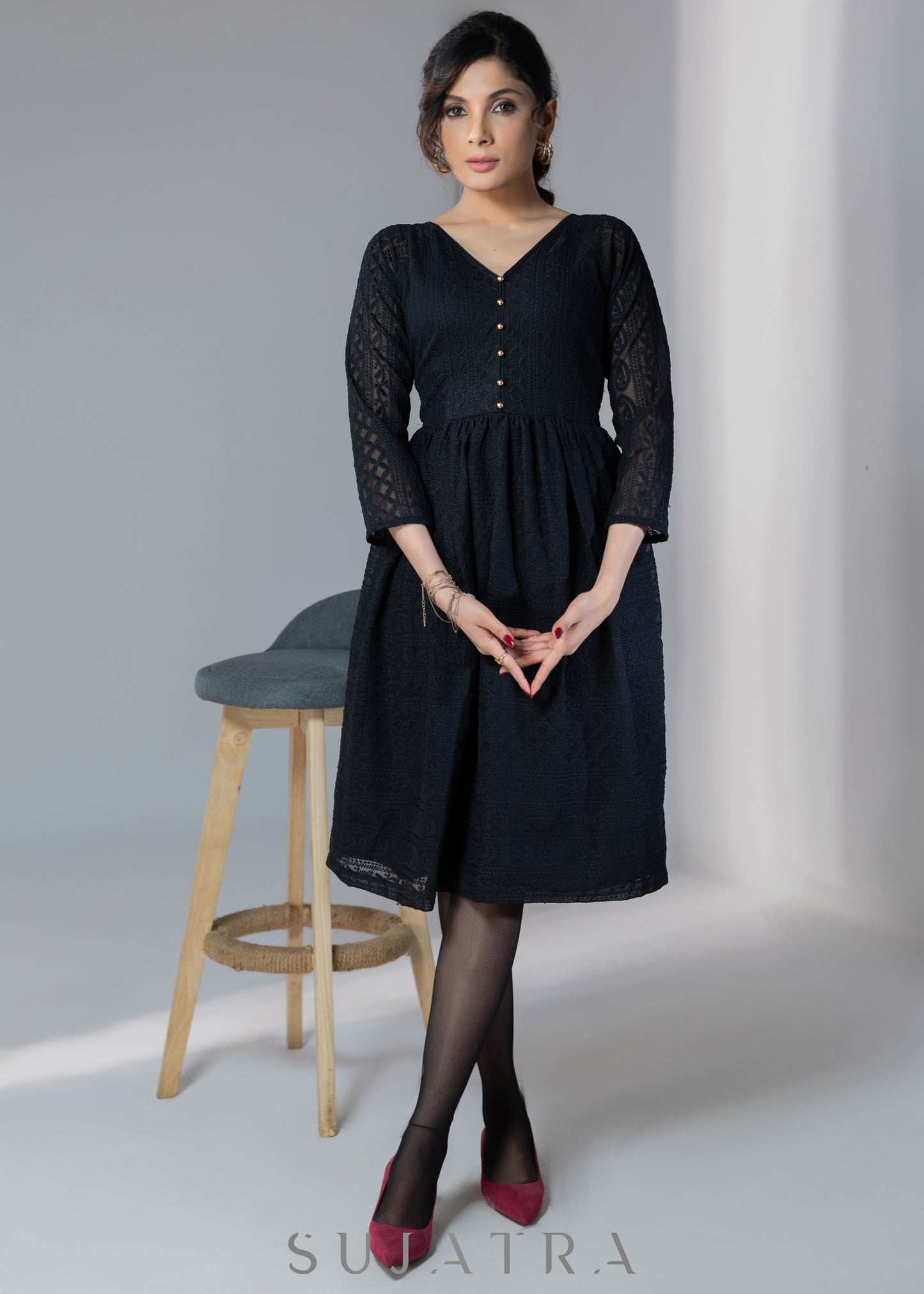 Black embroidered elbow sleeves dress with gold buttons