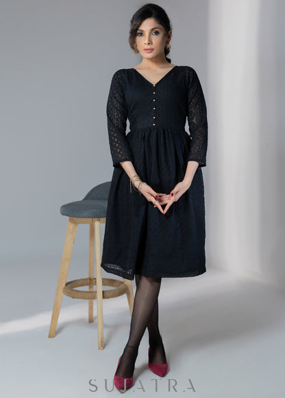 Black embroidered elbow sleeves dress with gold buttons